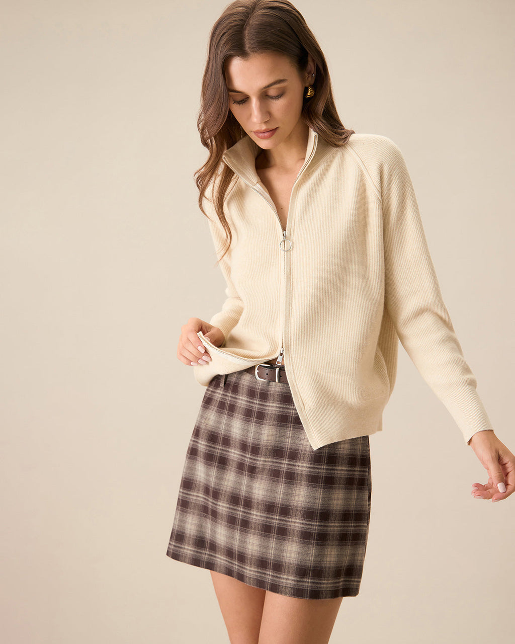 Bej Rengi Fitilli Örgü Fermuarlı Hırka