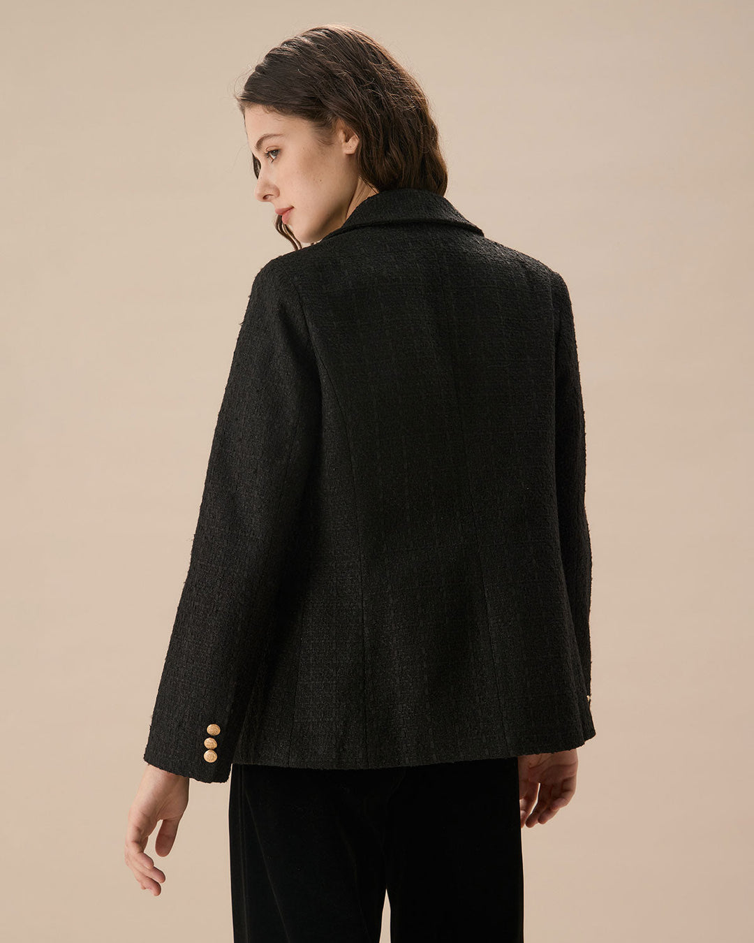 Siyah Çift Sıra Düğmeli Tweed Blazer