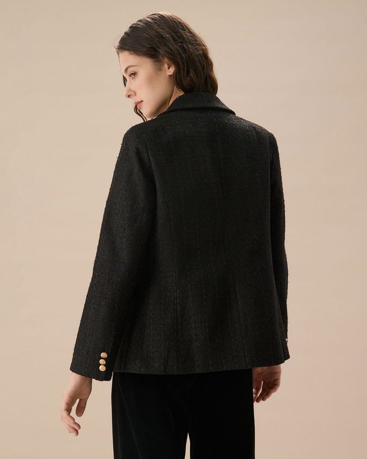 Siyah Çift Sıra Düğmeli Tweed Blazer