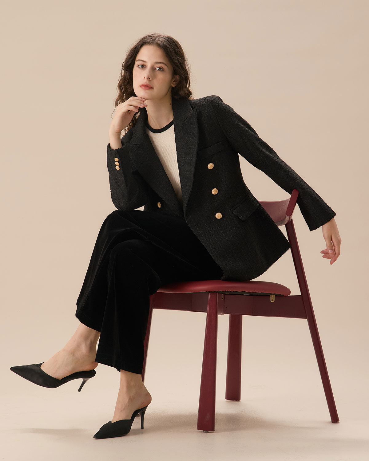 Siyah Çift Sıra Düğmeli Tweed Blazer