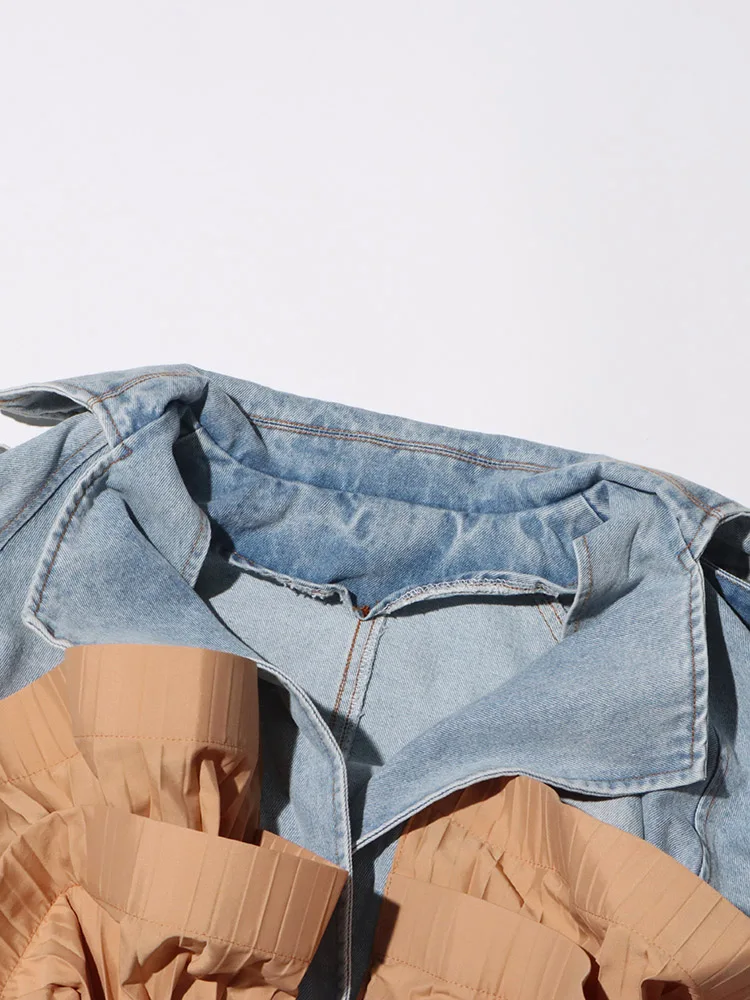 Pileli Volanlı Denim Uzun Kollu bağcıklı Ceket