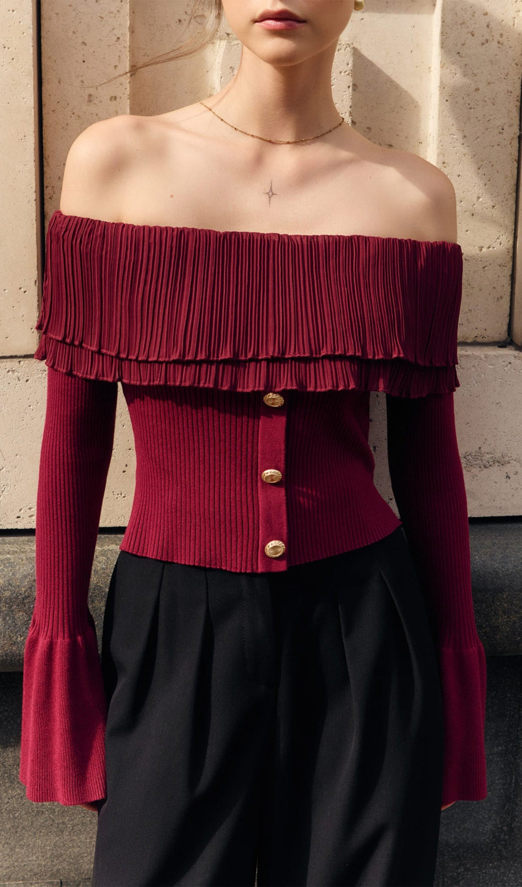 Flier Starplez Fırfır Düğme Detay Üst - Bordo