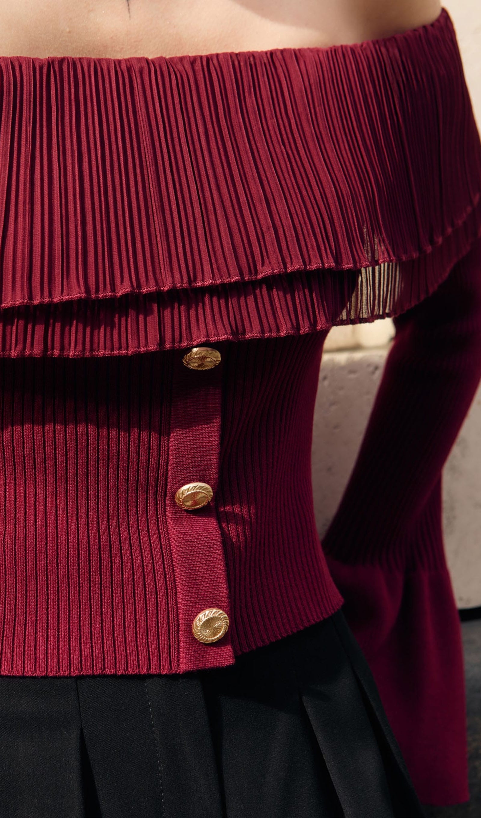 Flier Starplez Fırfır Düğme Detay Üst - Bordo