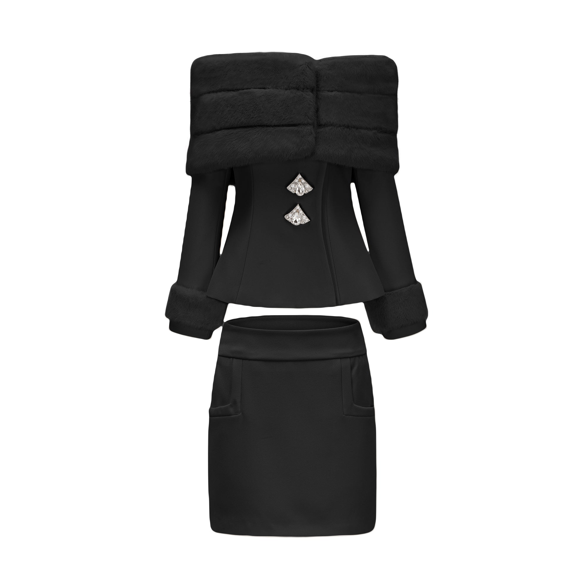 Caitlin Beyaz Suni Kürk Ceket Ve Etek Eşleştirme Seti