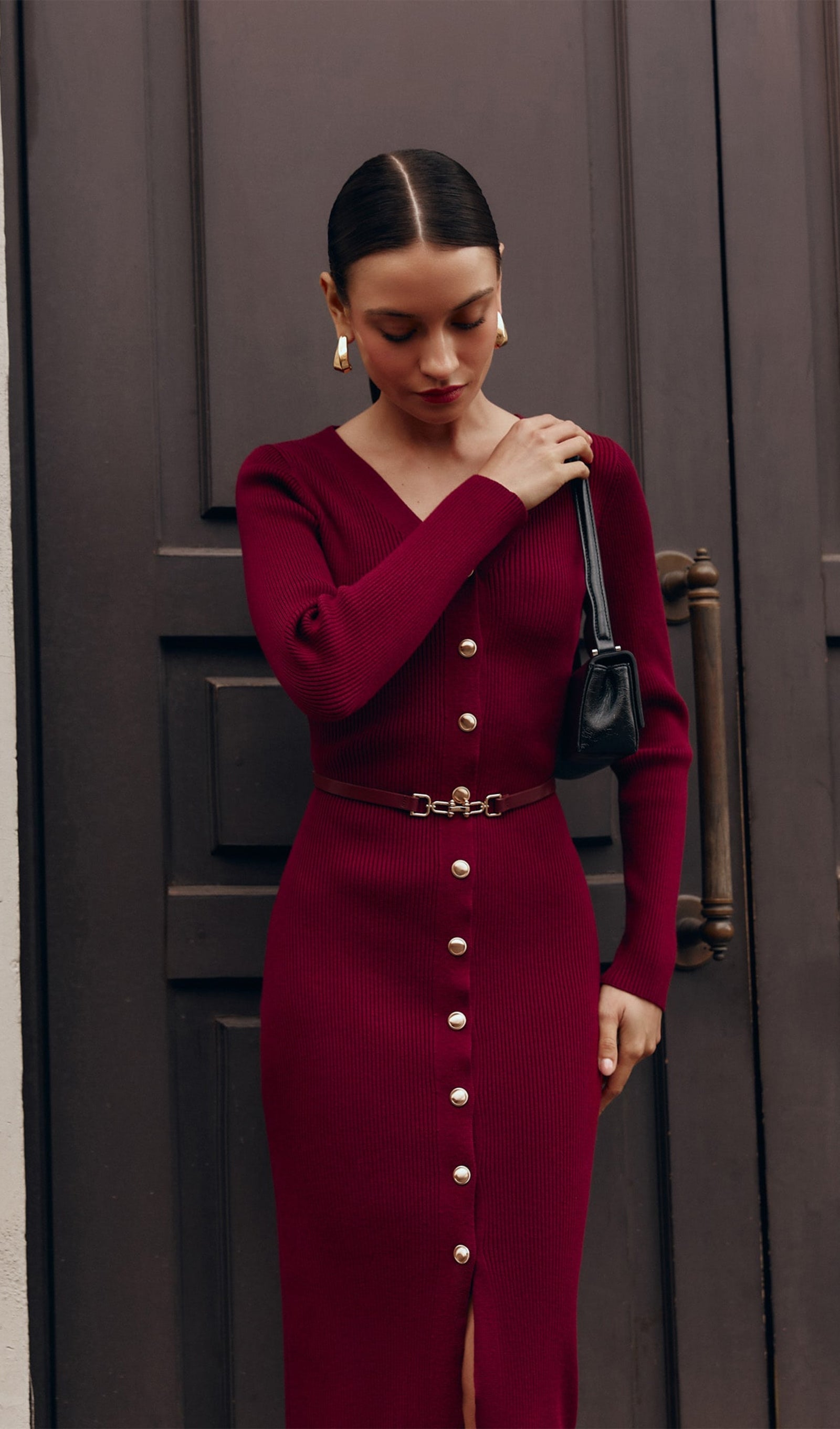 Örme V Yaka Kemerli Midi Elbise -Kırmızı