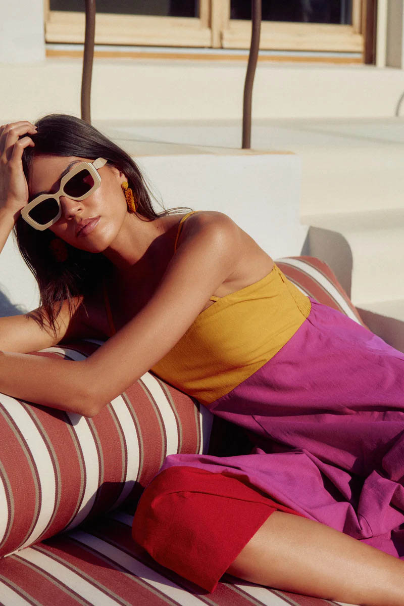 Renk Bloklu Askılı Maxi Elbise