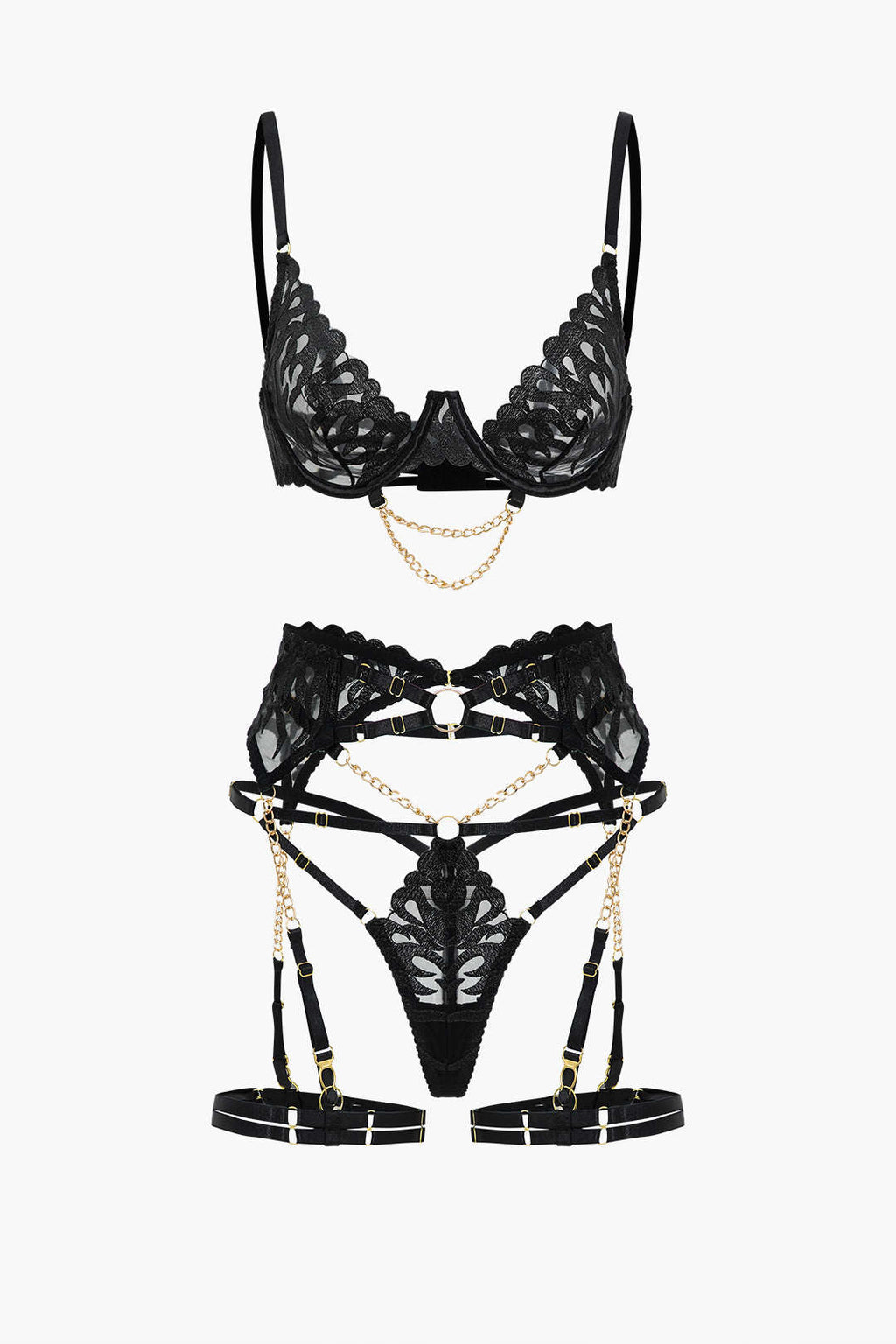 Nakışlı Zincir Detaylı Kesik İç Giyim Garter Seti
