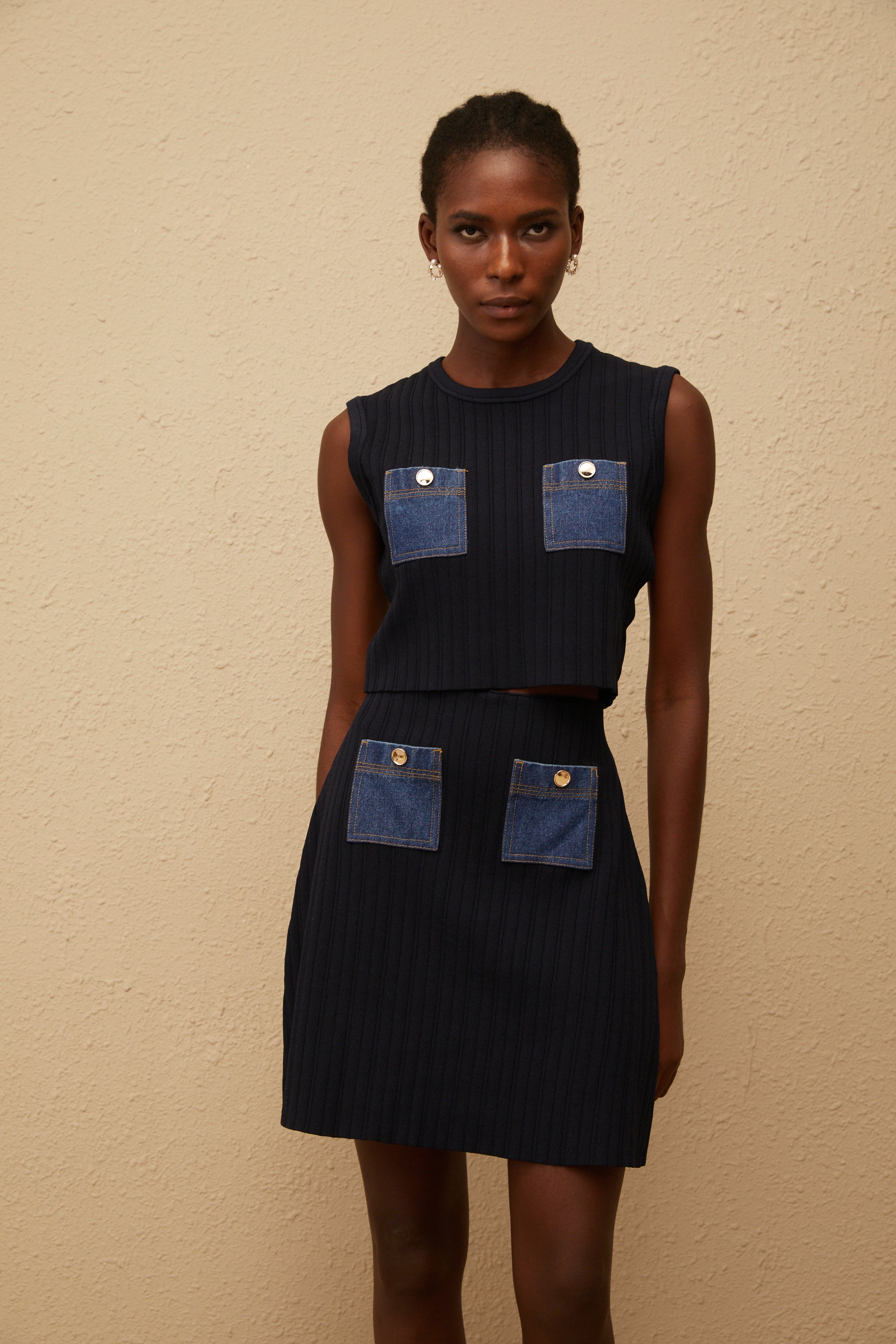 Kleopatra Mavi Denim Panel Nervürlü Örgü Set