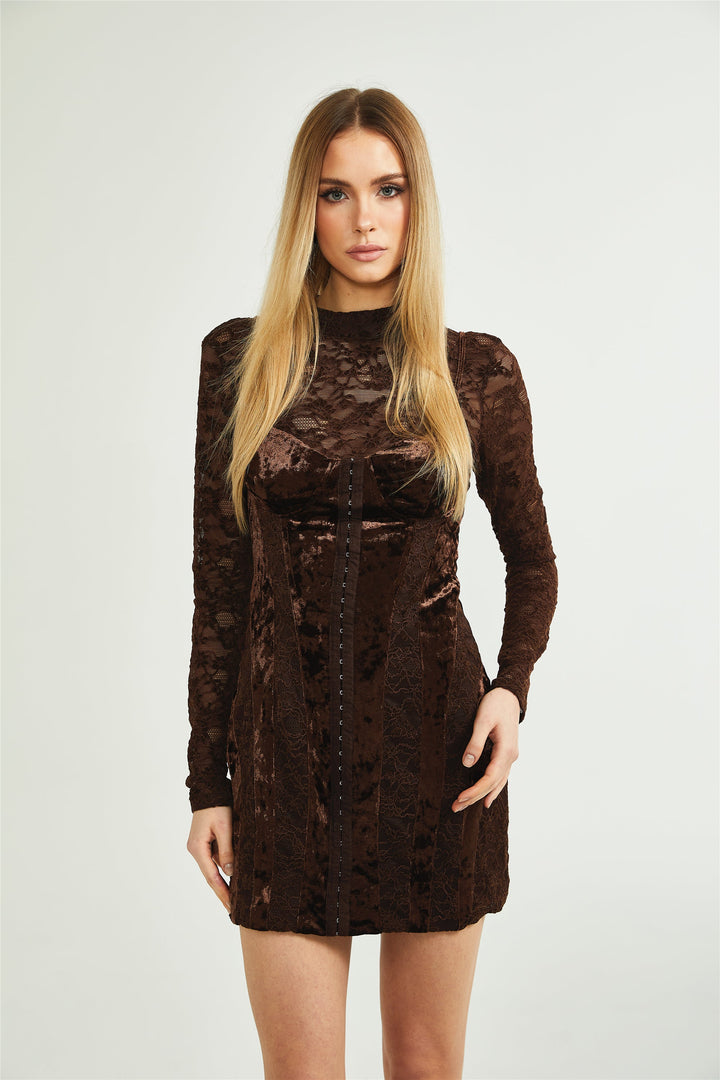 Fleur Güpür Dantelli Kadife Mini Elbise