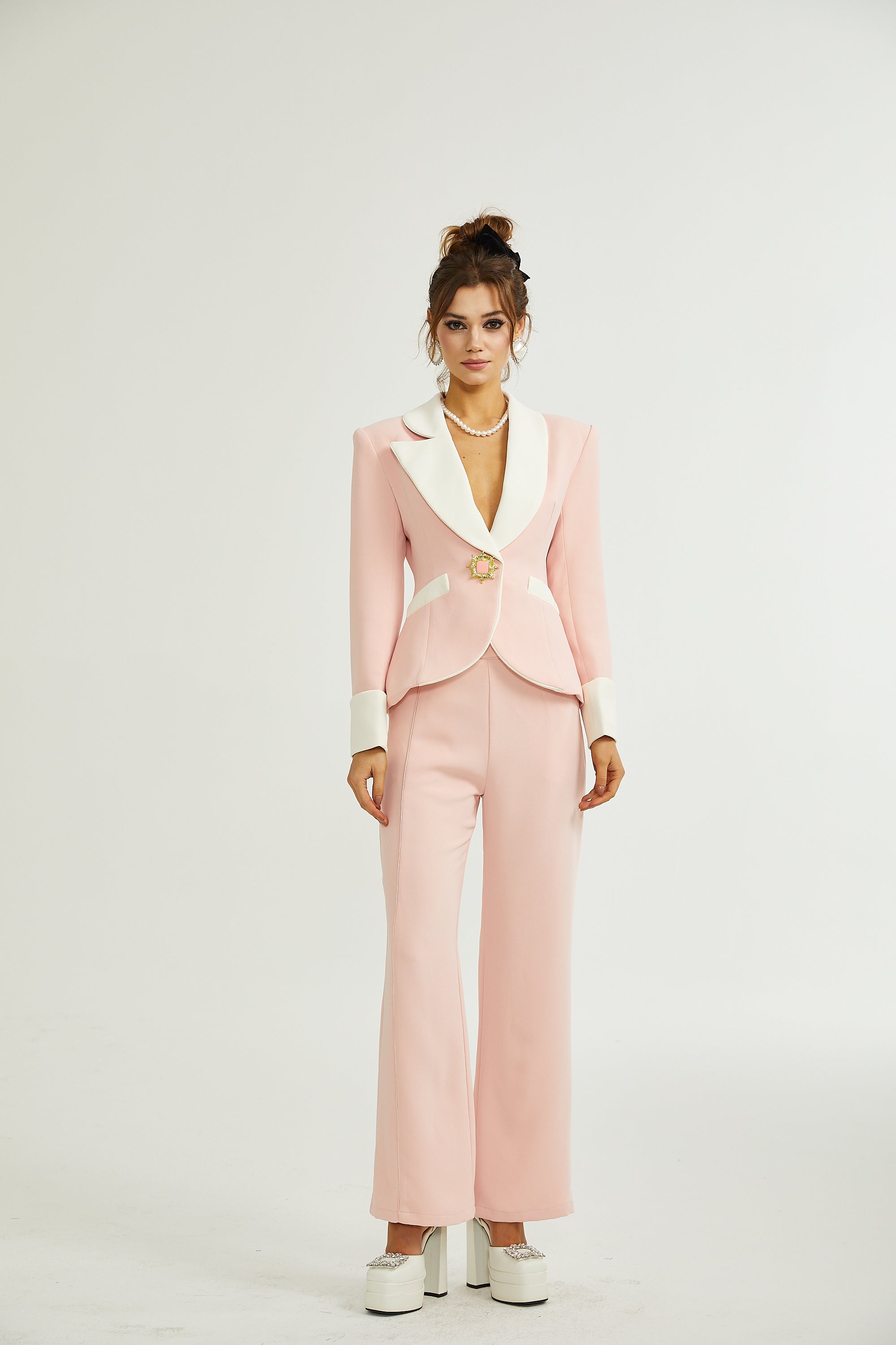 Claretta Renk Bloklu Blazer Ve Pantolon Uyumlu Takım