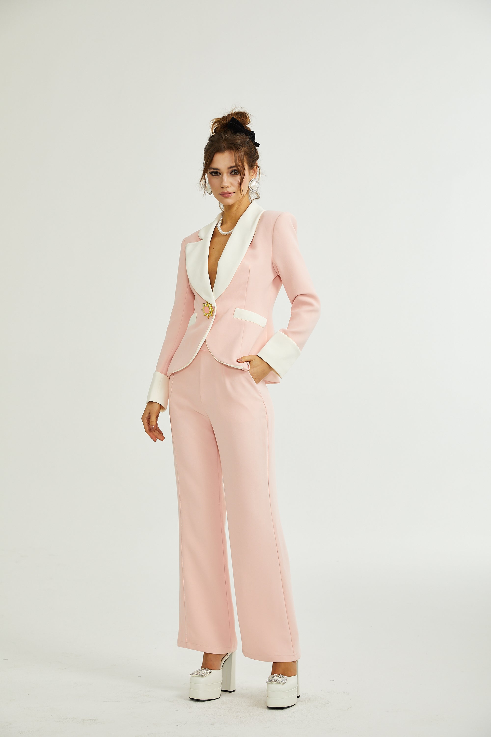 Claretta Renk Bloklu Blazer Ve Pantolon Uyumlu Takım
