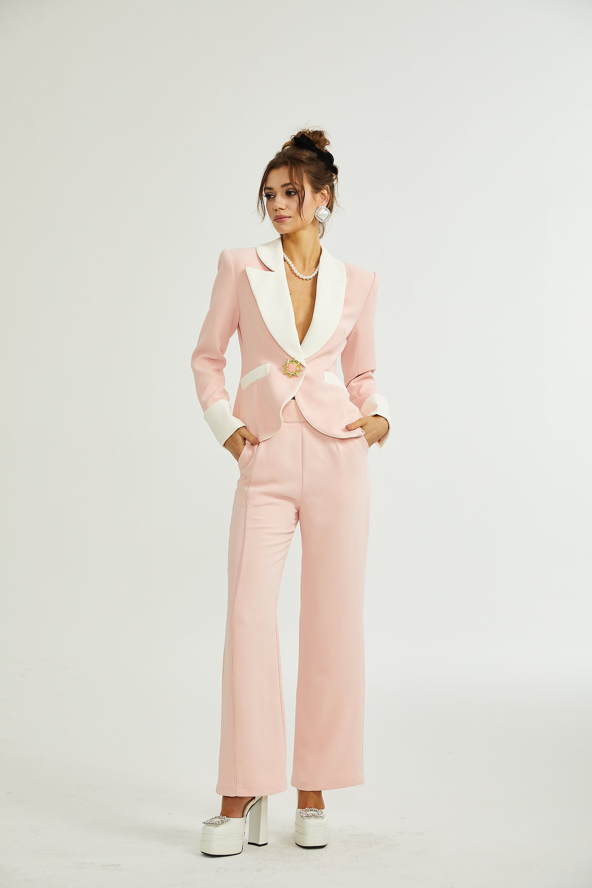 Claretta Renk Bloklu Blazer Ve Pantolon Uyumlu Takım