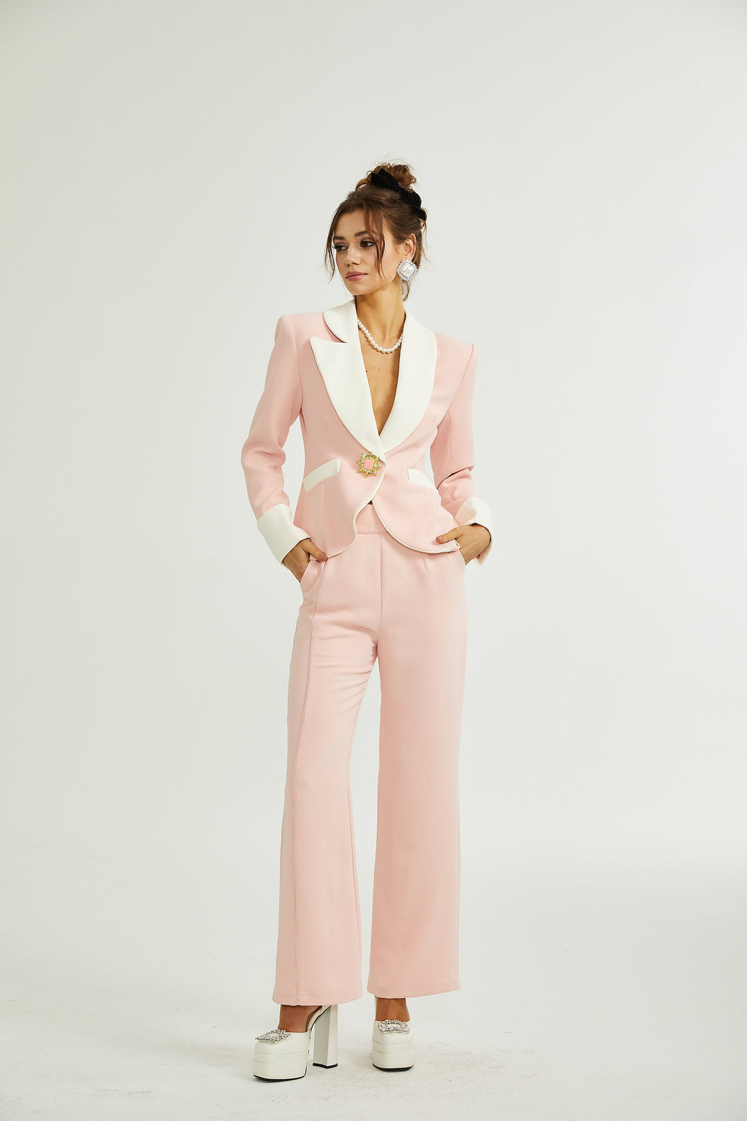 Claretta Renk Bloklu Blazer Ve Pantolon Uyumlu Takım