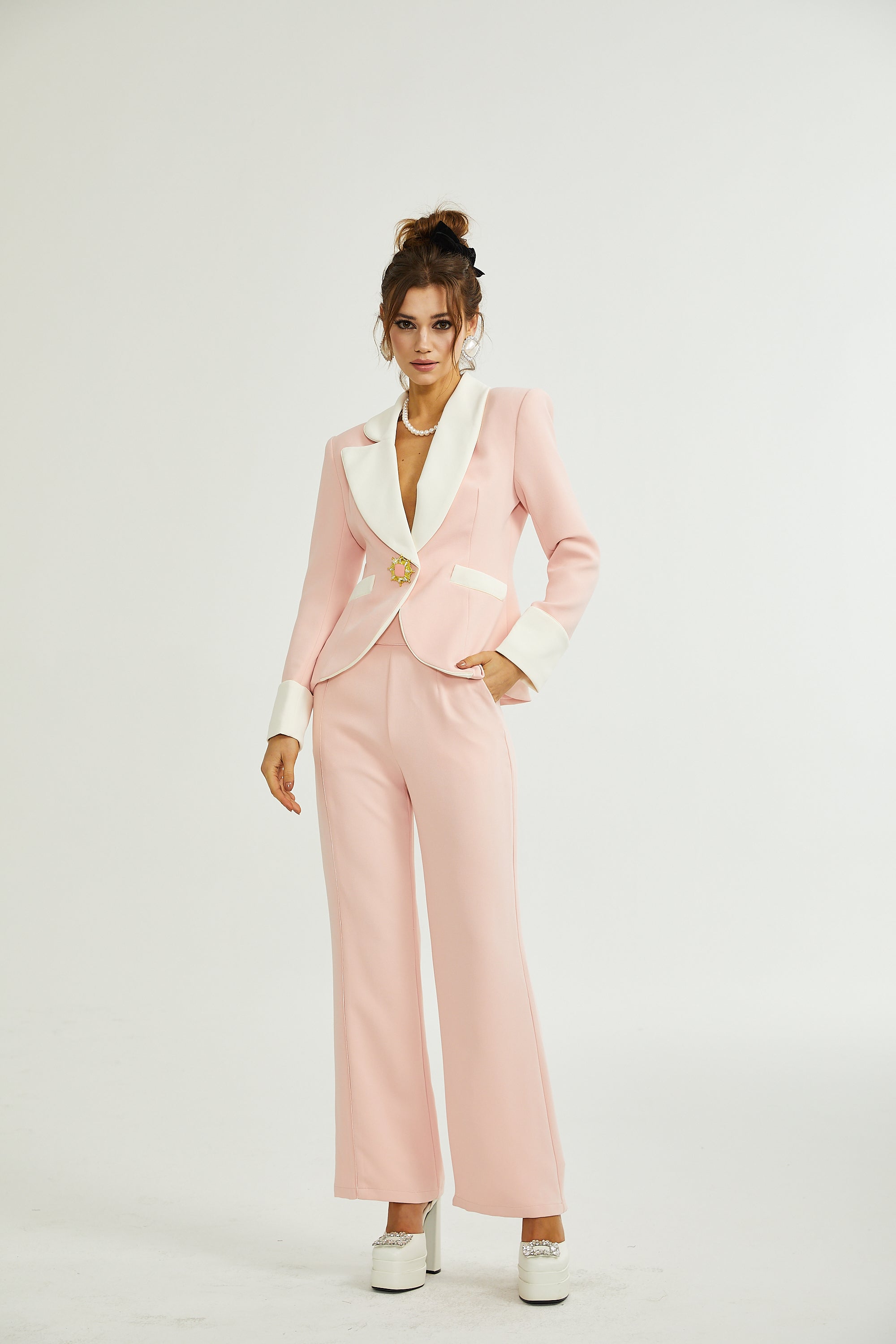 Claretta Renk Bloklu Blazer Ve Pantolon Uyumlu Takım