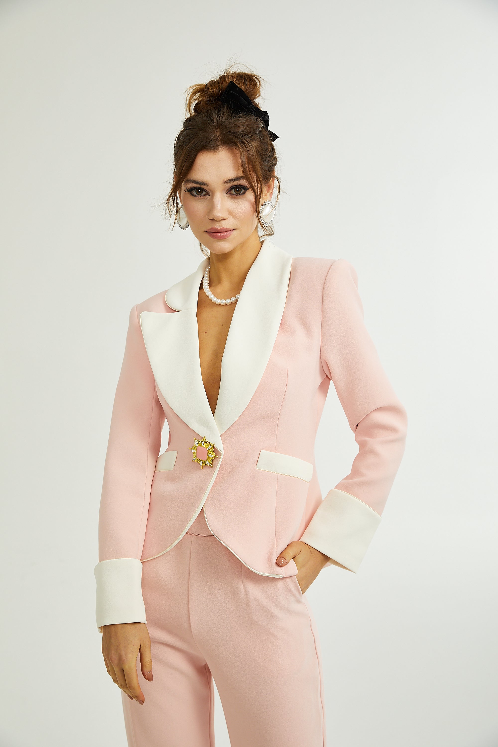 Claretta Renk Bloklu Blazer Ve Pantolon Uyumlu Takım