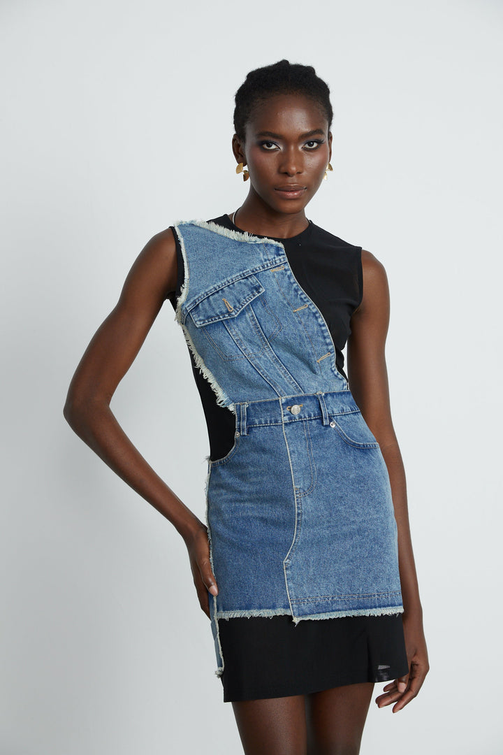 Lana Denim Patchwork Kolsuz Elbise