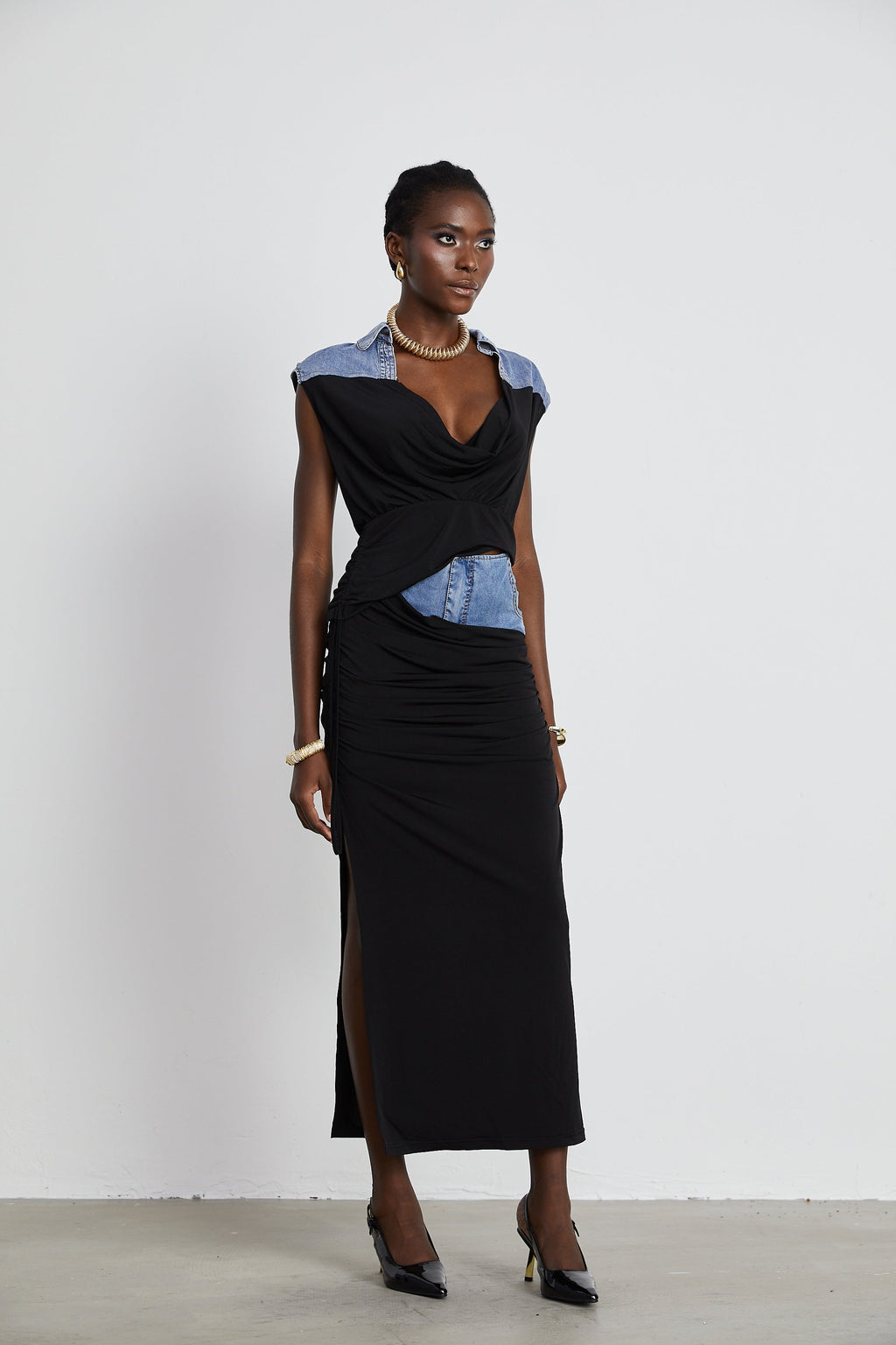 Nala Jarse Panelli Denim Üst Ve Etek Uyumlu Set