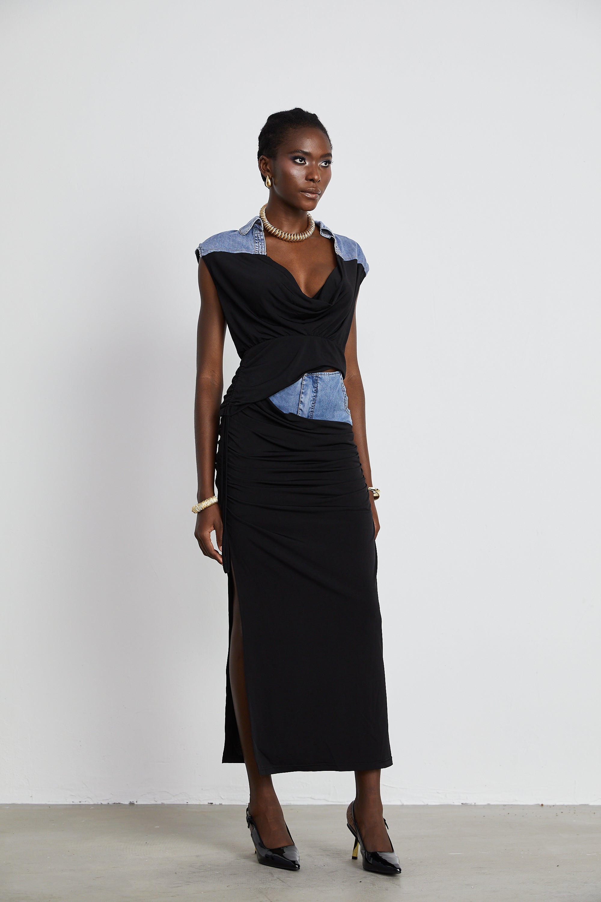 Nala Jarse Panelli Denim Üst Ve Etek Uyumlu Set