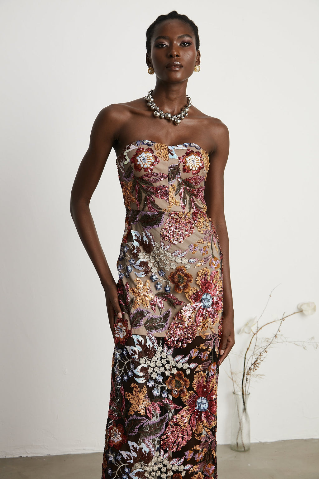 Thérèse Pullu İşlemeli Çiçekli Renkli Midi Elbise