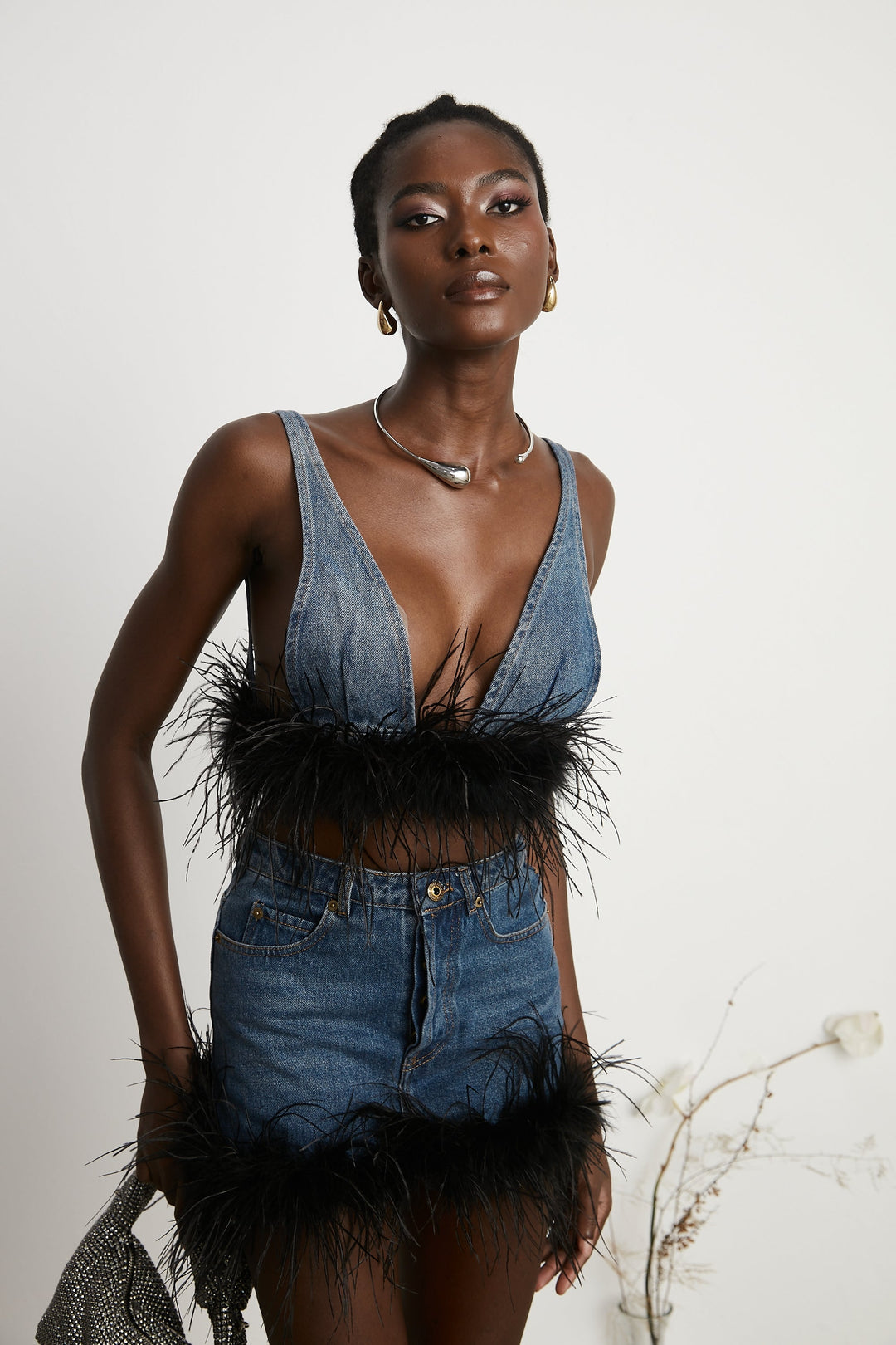 Milia Tüylü Denim Üst Ve Etek Uyumlu Set