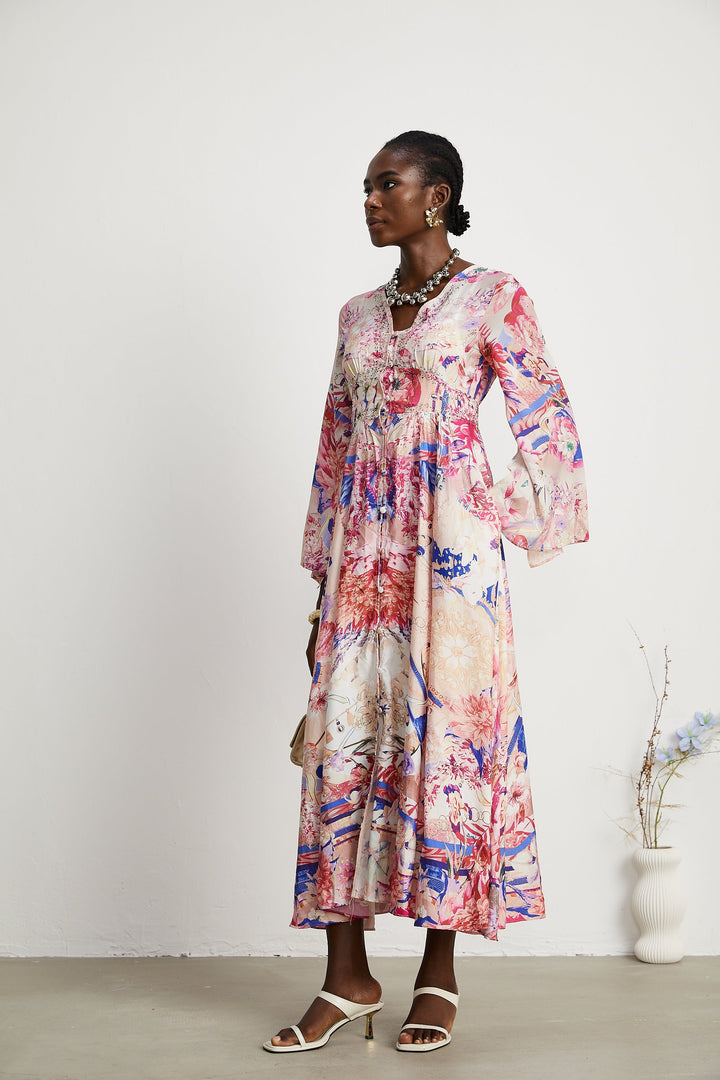 Silvia Kimono Kollu Büzgülü Maxi Elbise