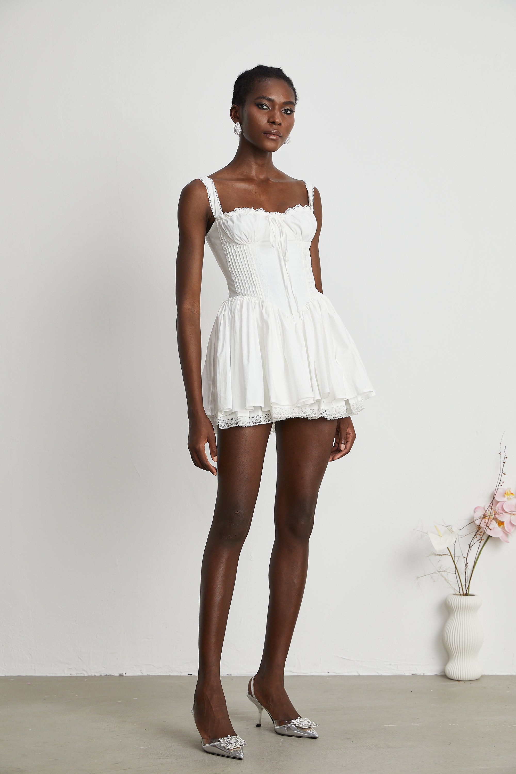 Camille Beyaz Korse Mini Elbise