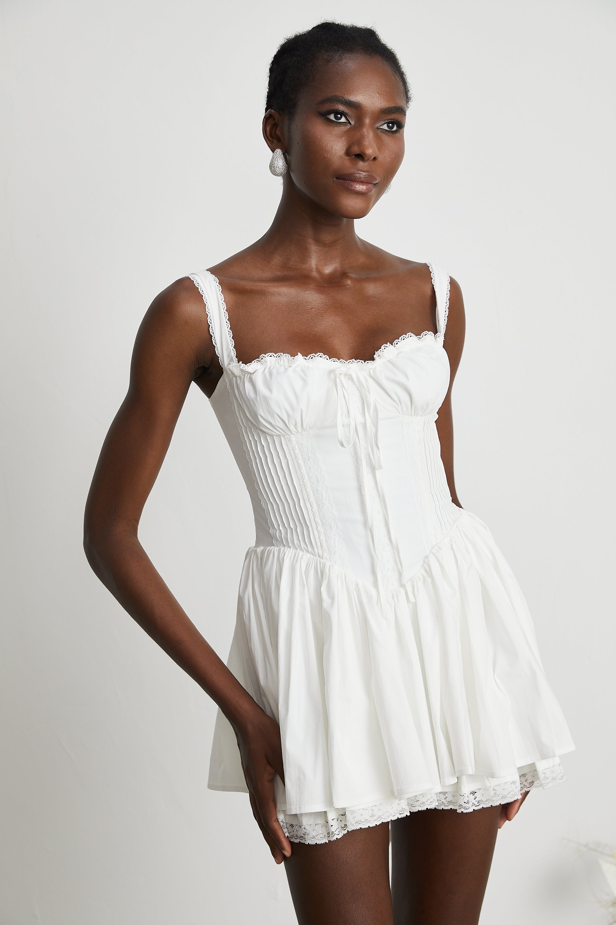 Camille Beyaz Korse Mini Elbise