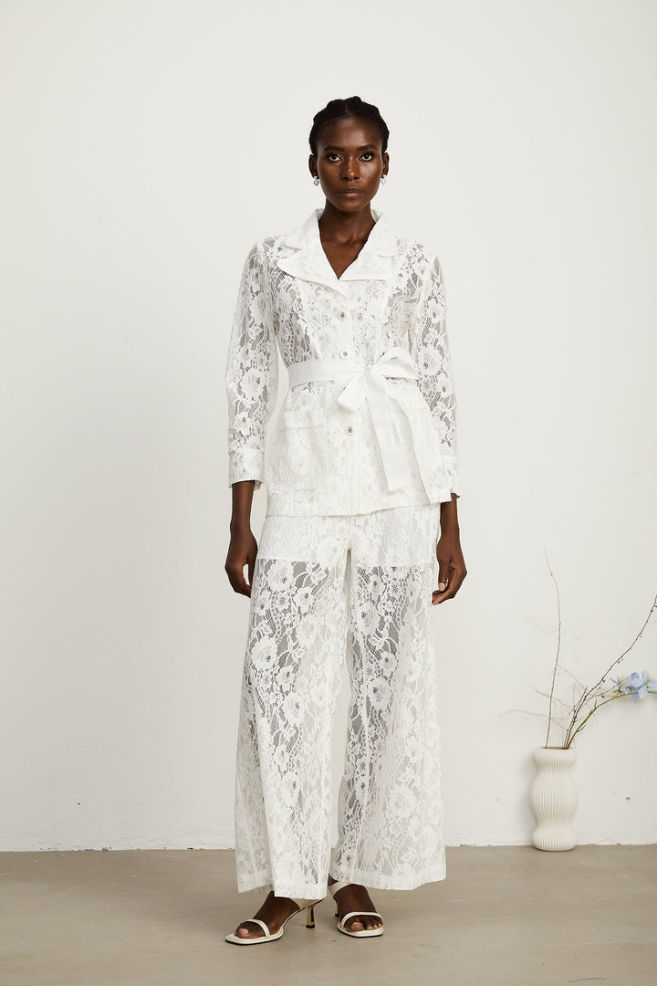Chloé Beyaz Fitilli Dantel Blazer Ve Pantolon Uyumlu Set