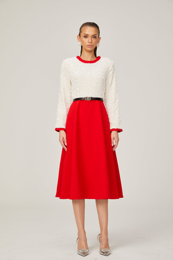 Chloé Kırmızı Uzun Kollu Pullu Patchwork Midi Elbise