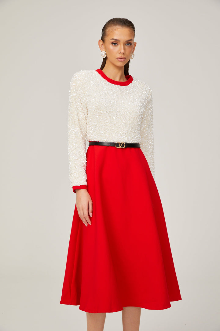 Chloé Kırmızı Uzun Kollu Pullu Patchwork Midi Elbise