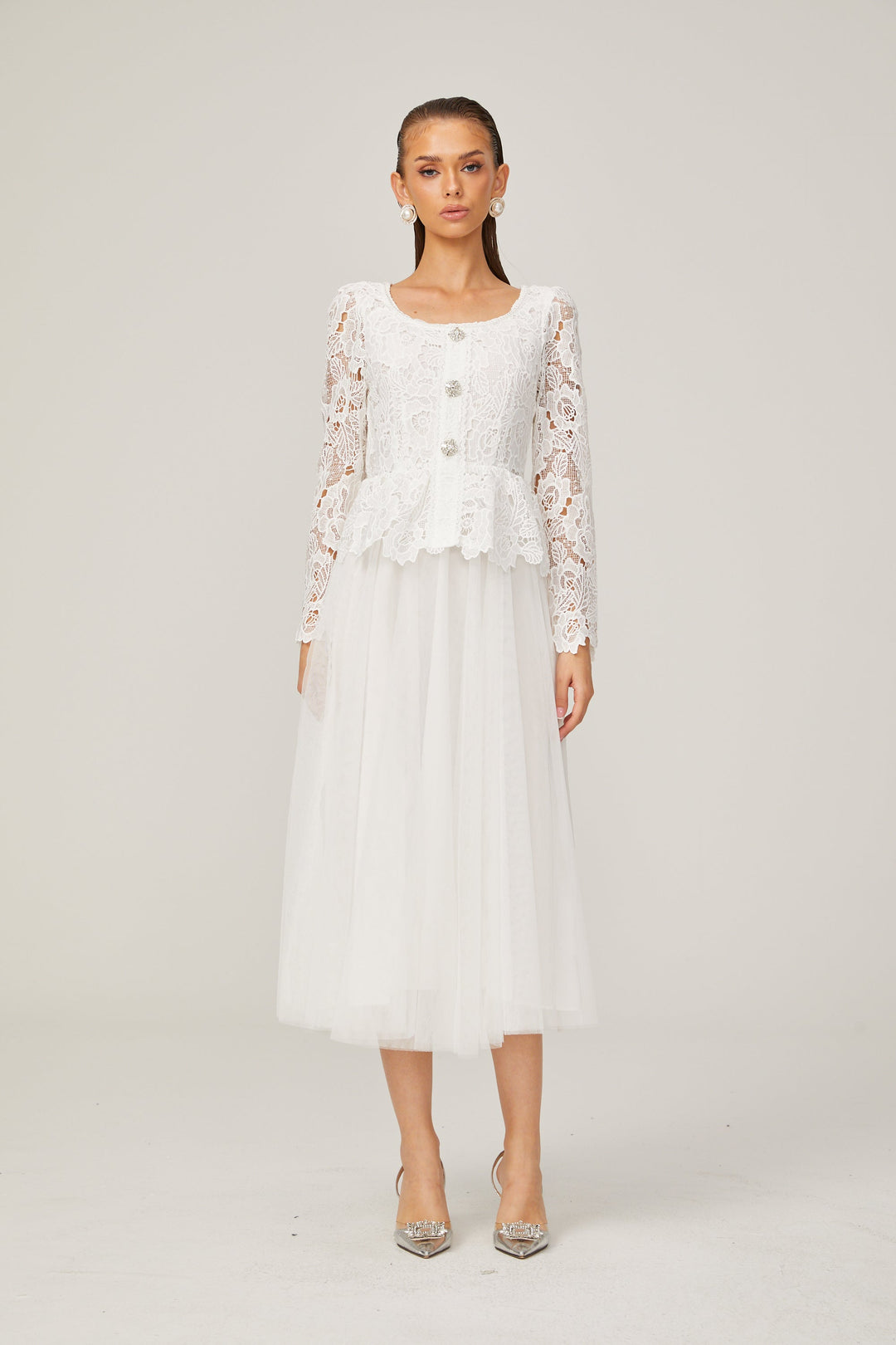 Gabrielle Beyaz Peplum Bel Tül Midi Elbise