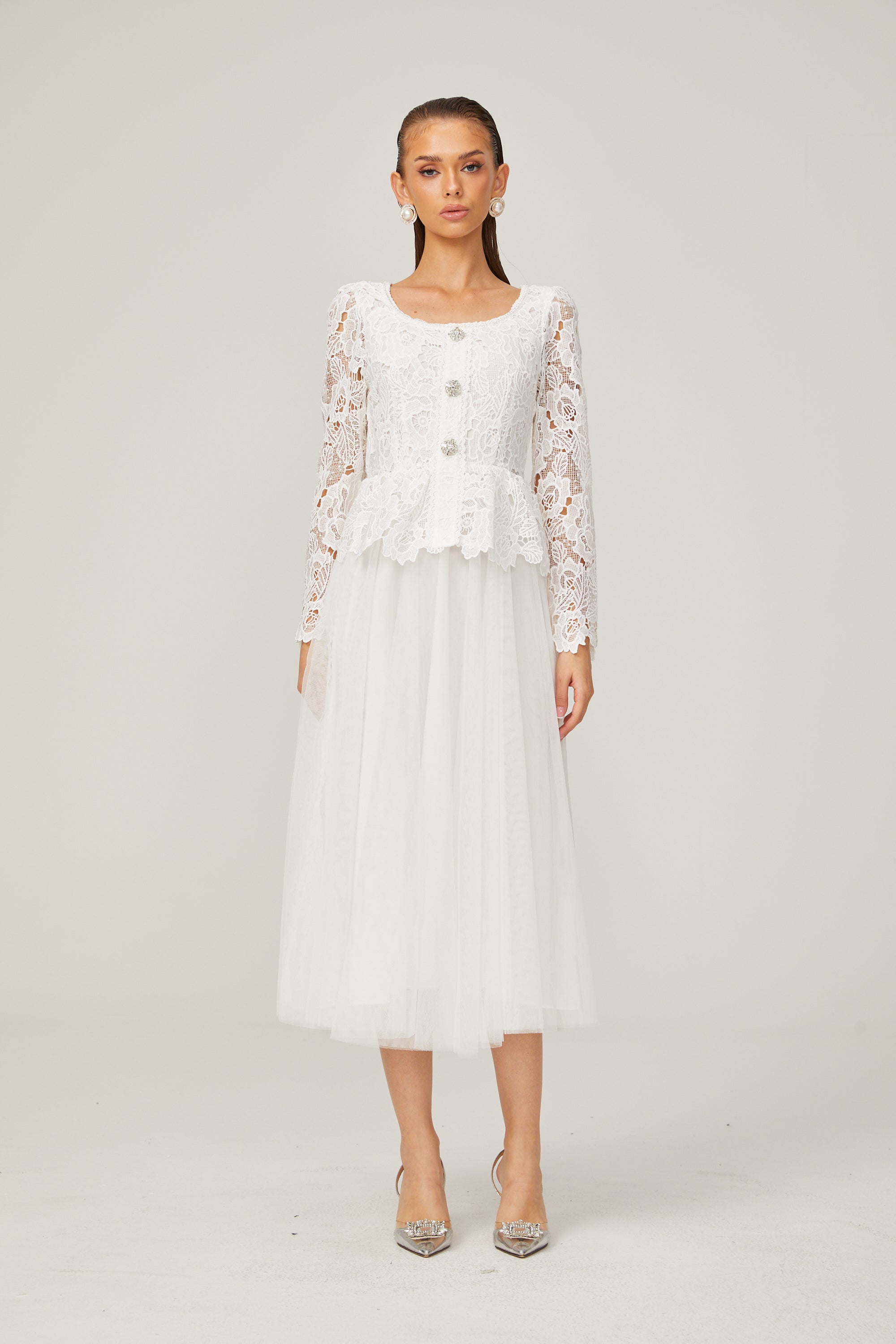 Gabrielle Beyaz Peplum Bel Tül Midi Elbise