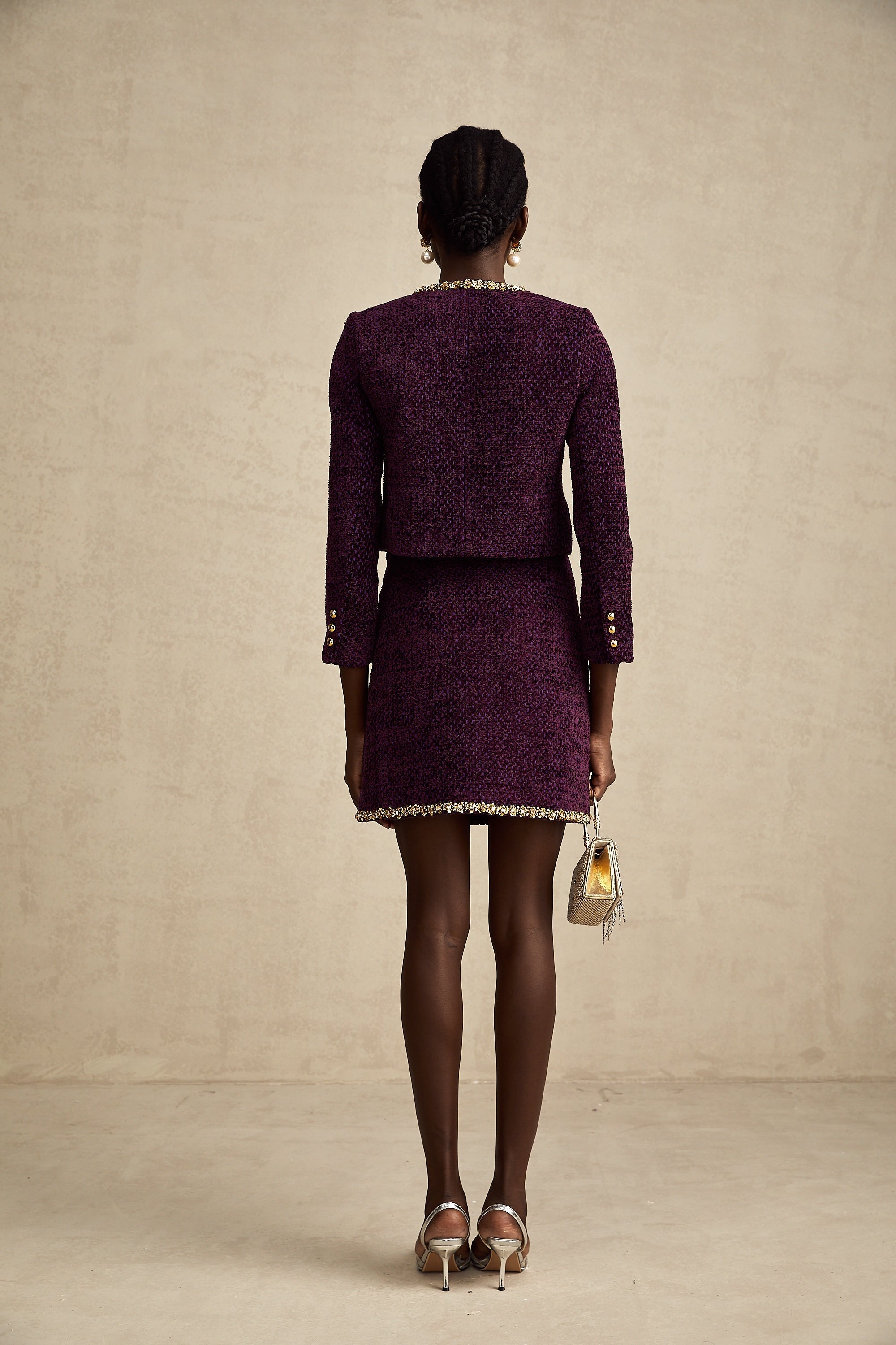 Elise Mor Kristal Detaylı Tüvit Hırka Ve Etek Kombin Seti