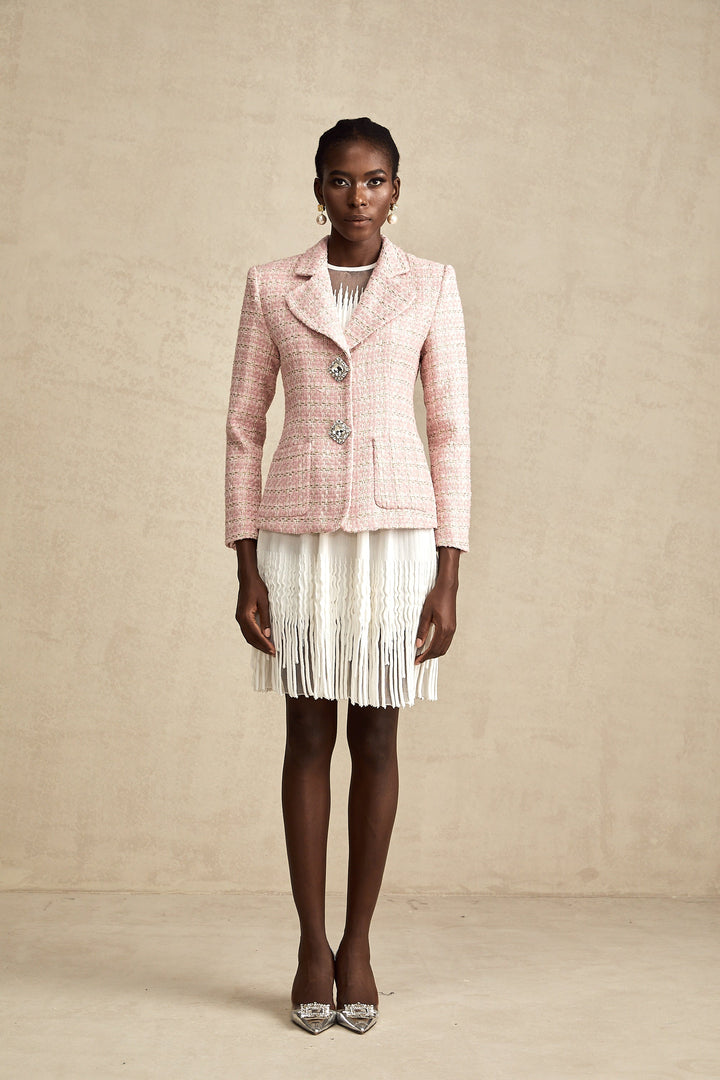 Hélène Pembe Kristal Kareli Tüvit Blazer