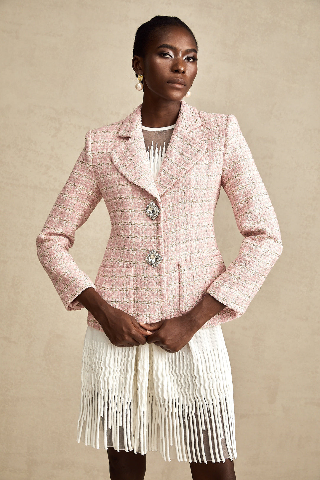 Hélène Pembe Kristal Kareli Tüvit Blazer