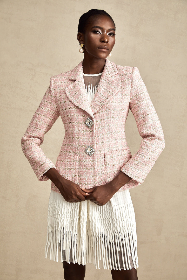 Hélène Pembe Kristal Kareli Tüvit Blazer