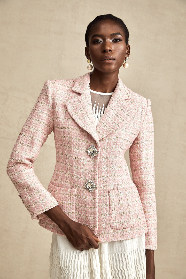 Hélène Pembe Kristal Kareli Tüvit Blazer