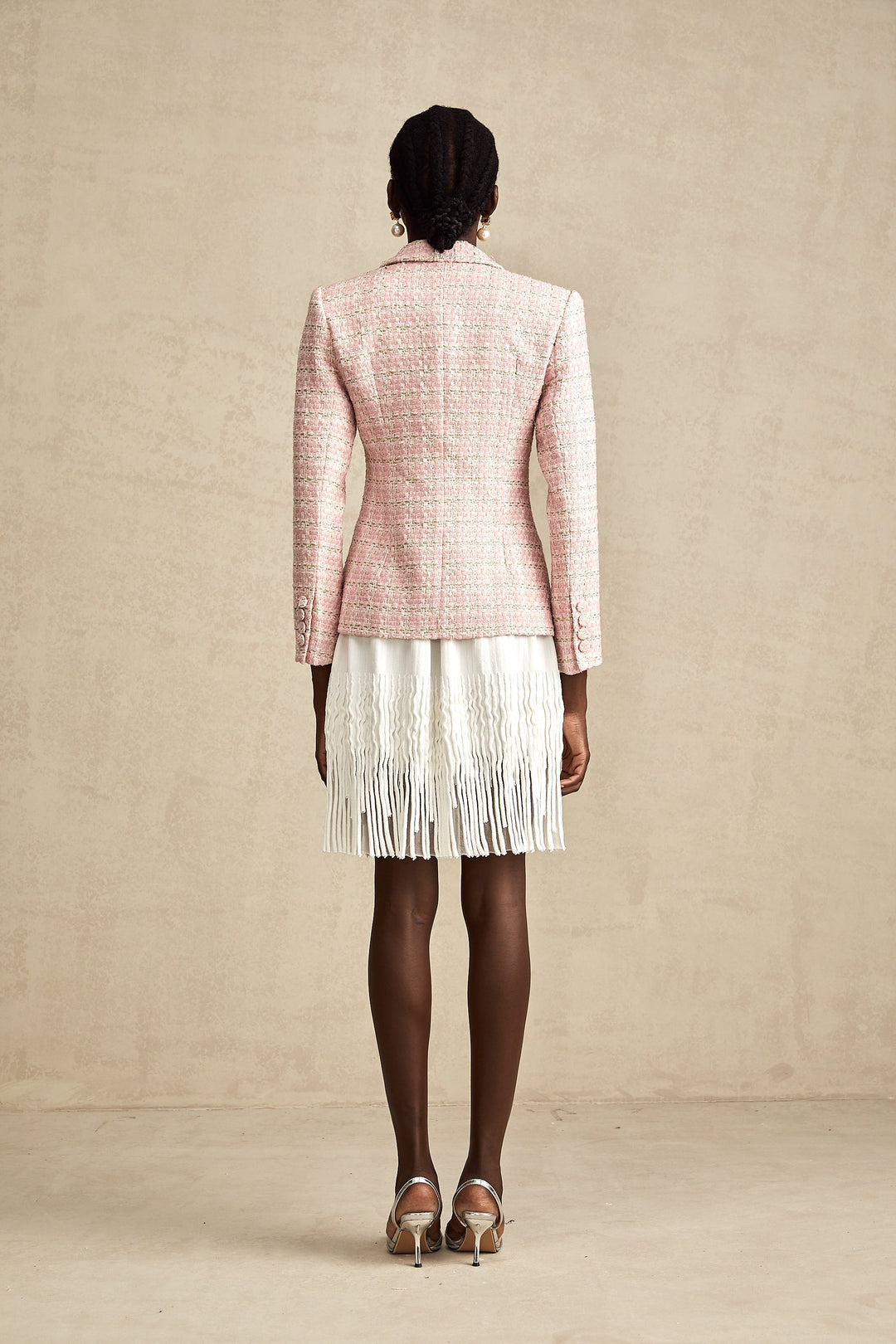 Hélène Pembe Kristal Kareli Tüvit Blazer