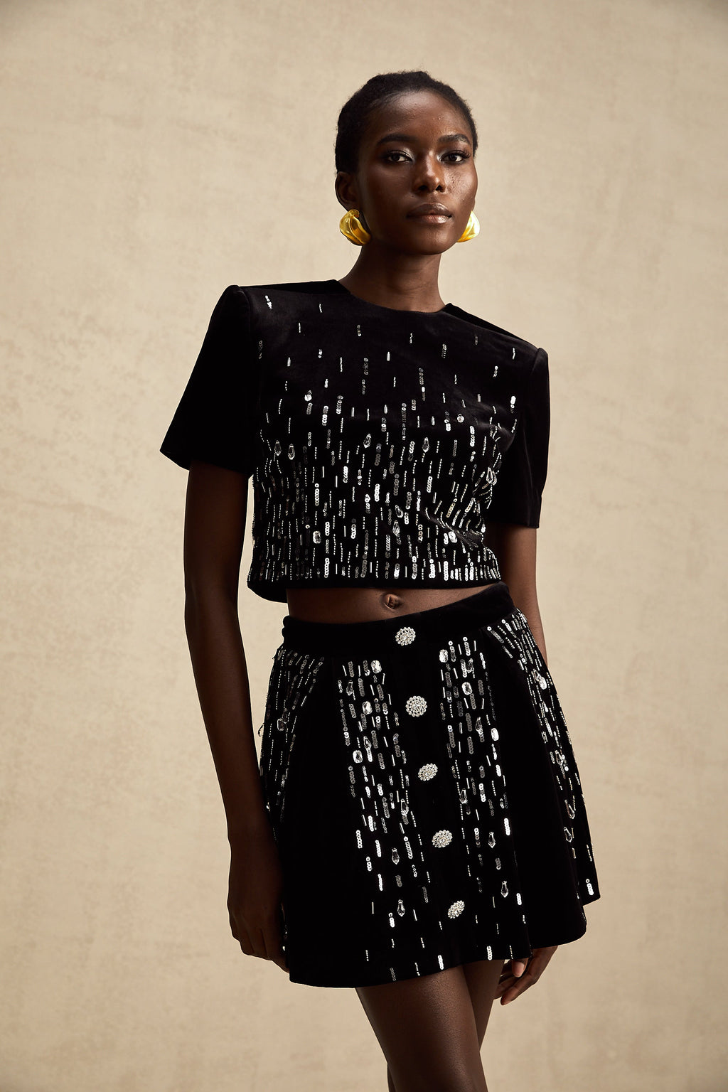 Isabeau Siyah Kadife İşlemeli Üst Ve Etek Uyumlu Takım