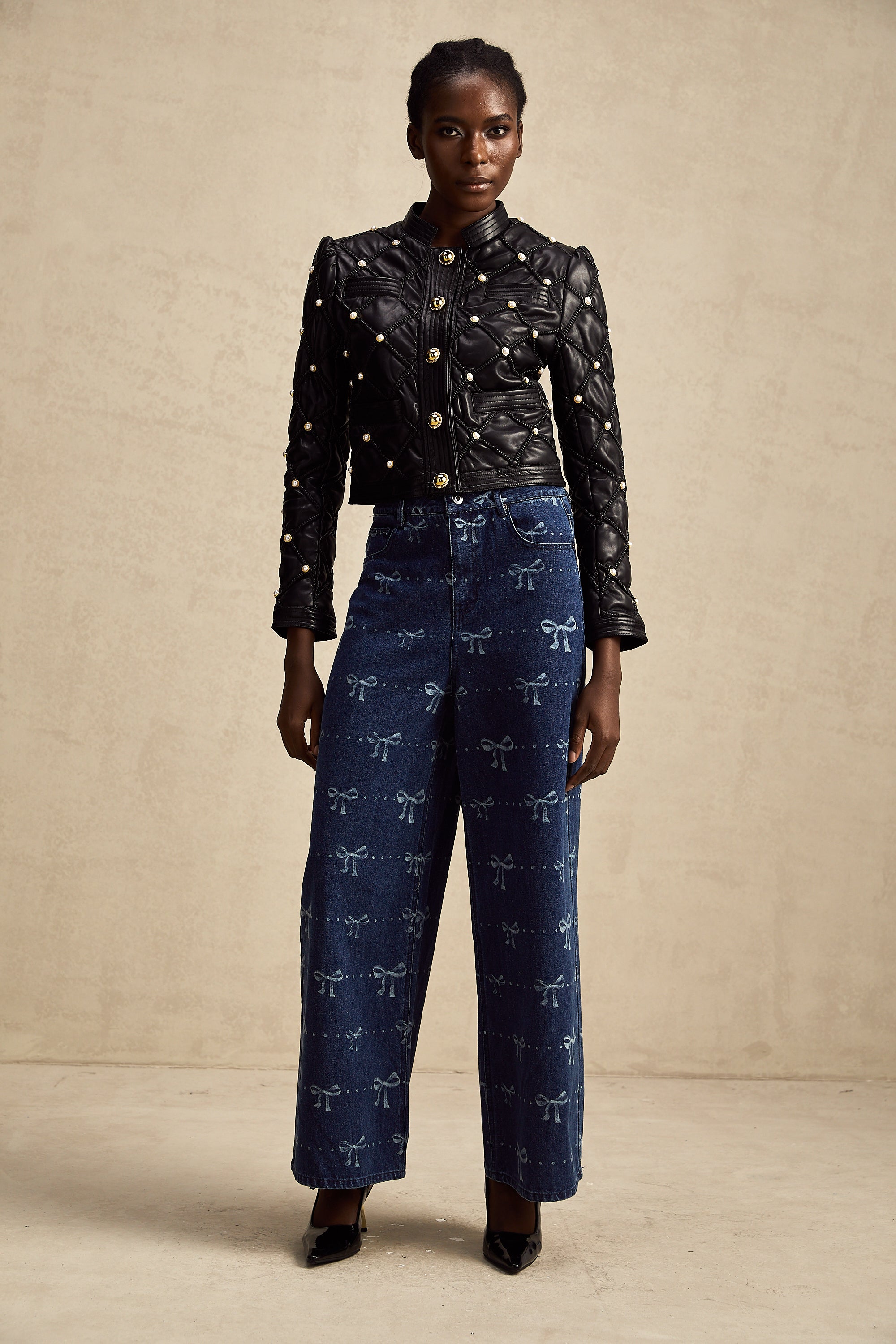 Yvonne Fiyonk Motifli Geniş Paça Jean Pantolon