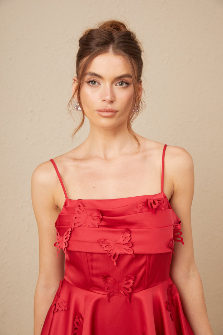 Fleur Kırmızı Kelebekli Kloş Mini Elbise