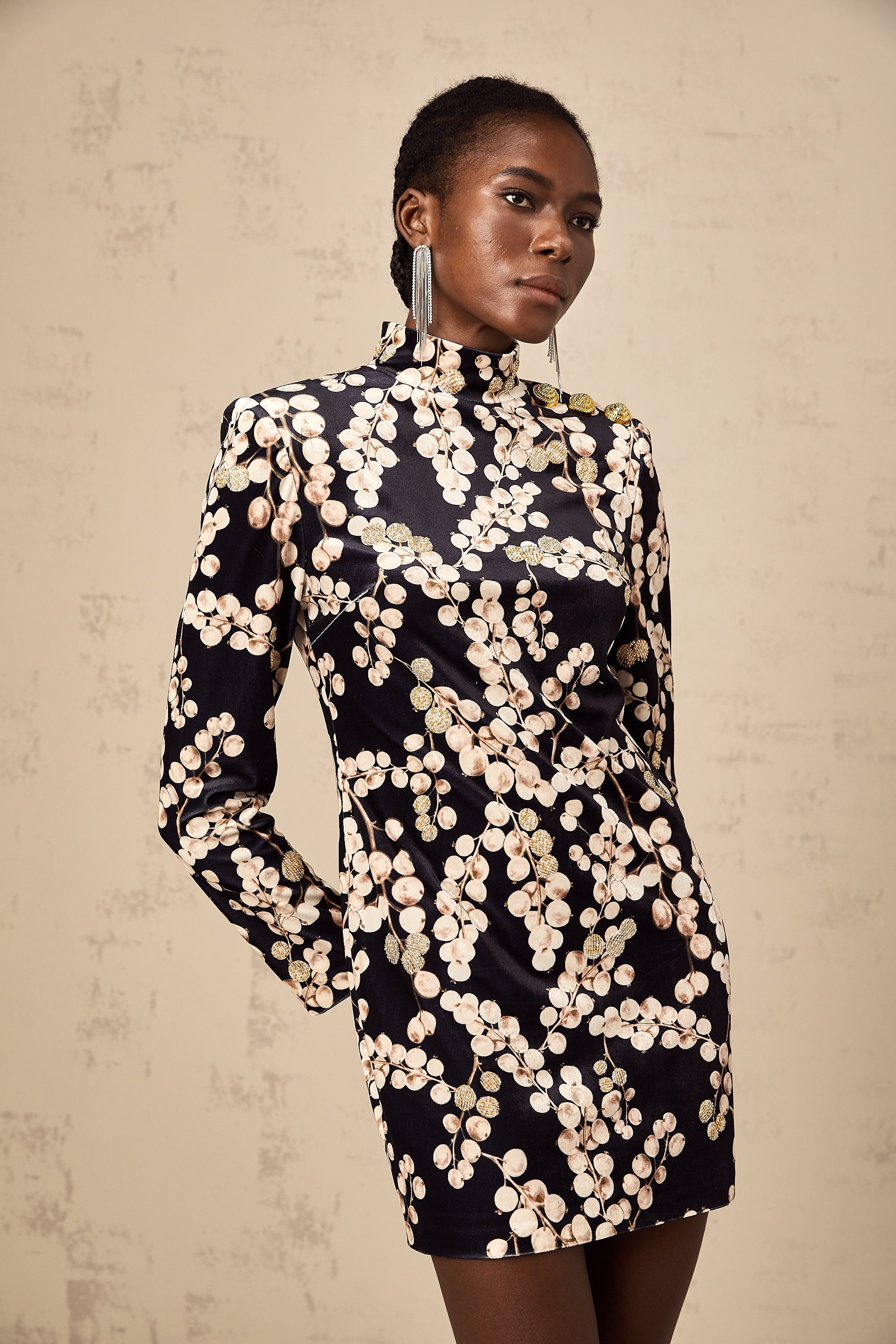 Valeria İşlemeli Grafik Desenli Kadife Mini Elbise