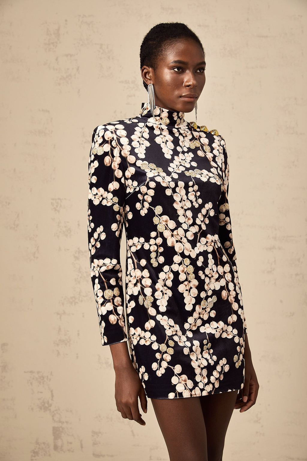 Valeria İşlemeli Grafik Desenli Kadife Mini Elbise