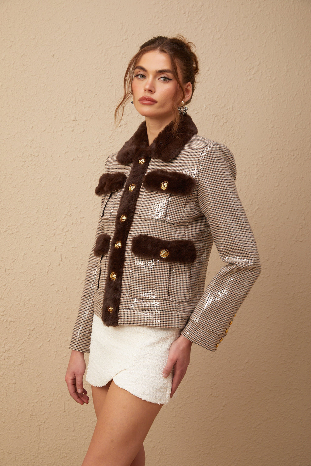 Renée Kazayağı Desenli Payetli Suni Kürk Ceket