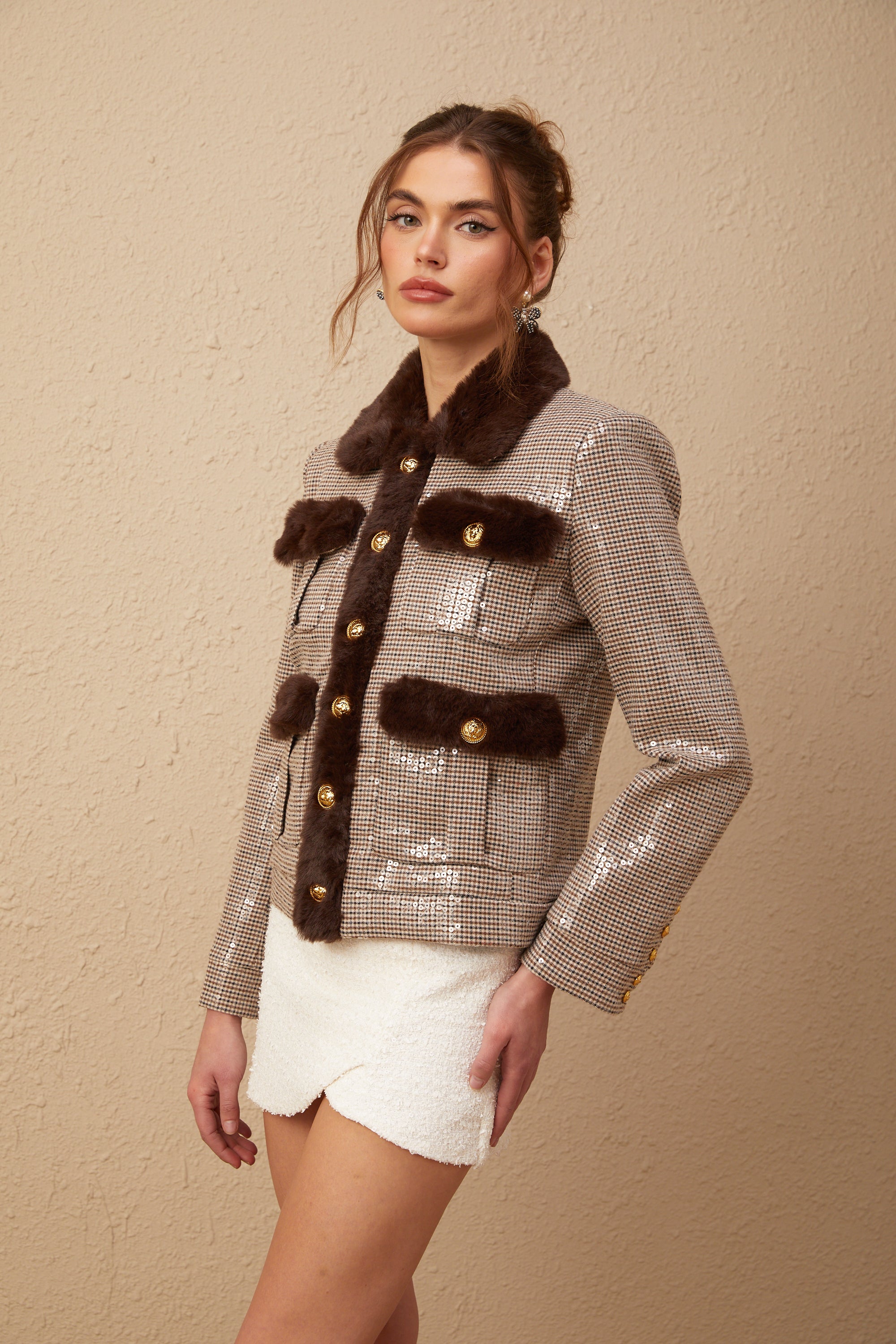 Renée Kazayağı Desenli Payetli Suni Kürk Ceket