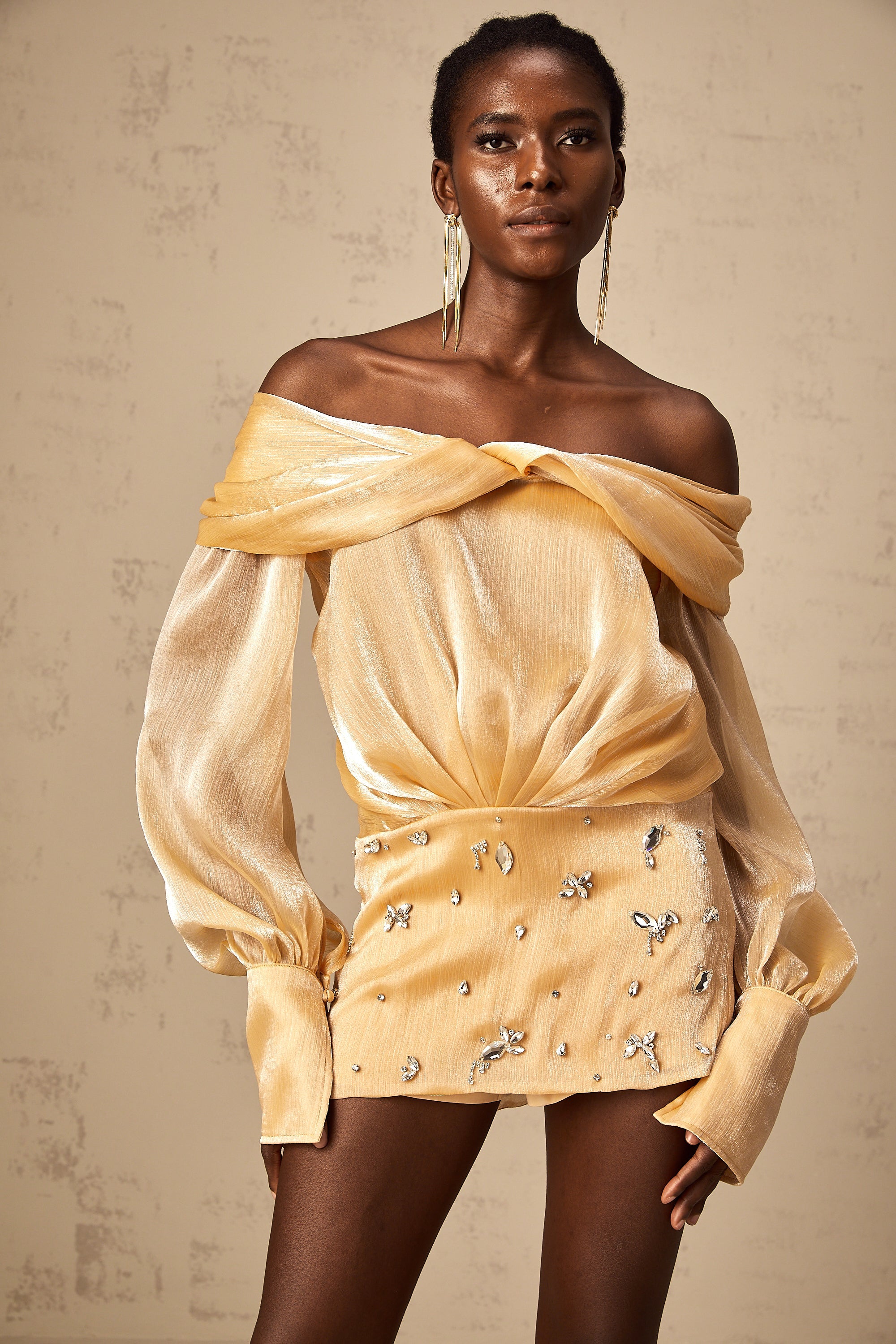 Adelina Altın Kristal Süslemeli Panelli Mini Elbise