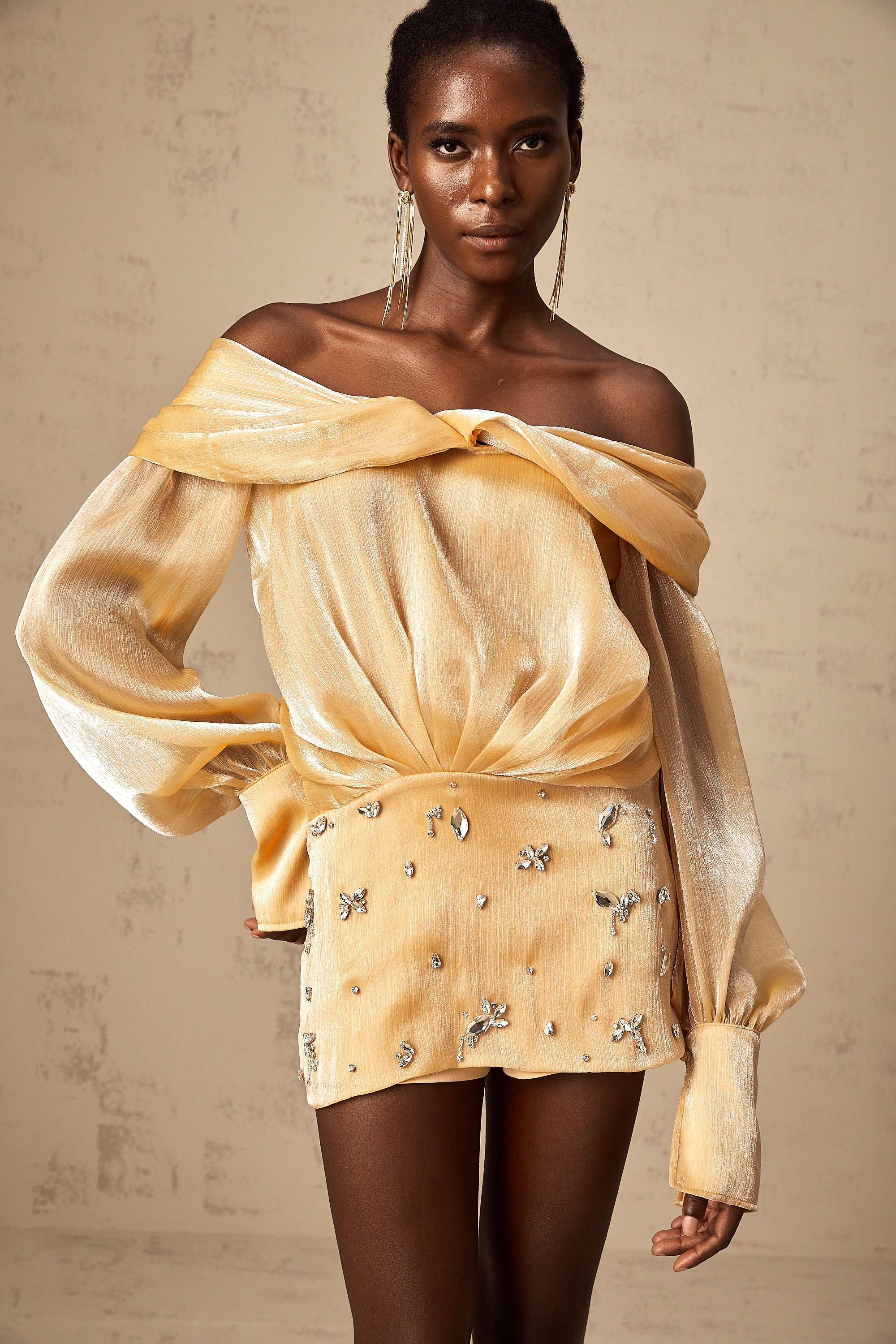 Adelina Altın Kristal Süslemeli Panelli Mini Elbise