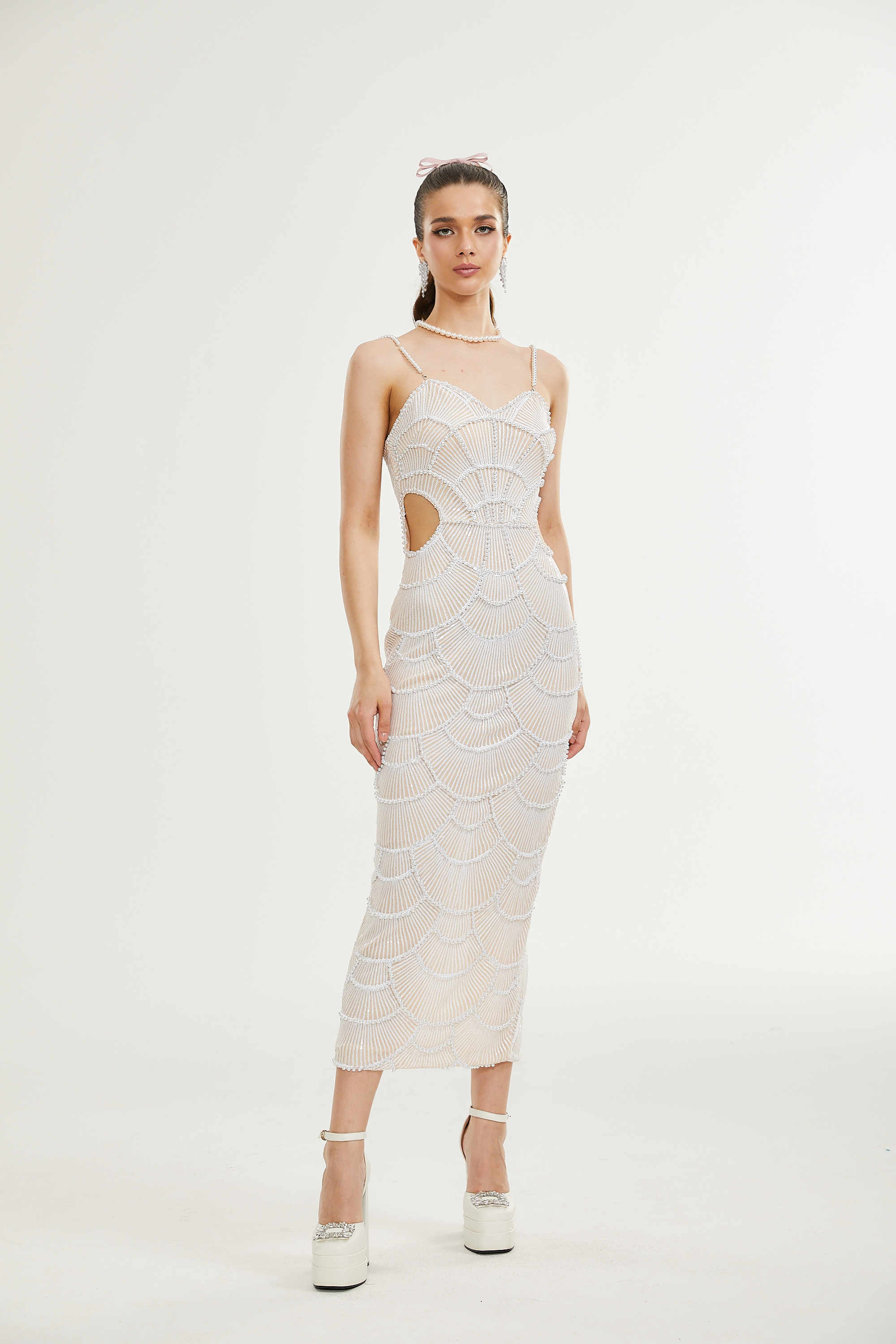 Shiema Suni İnci Pullu Midi Elbise