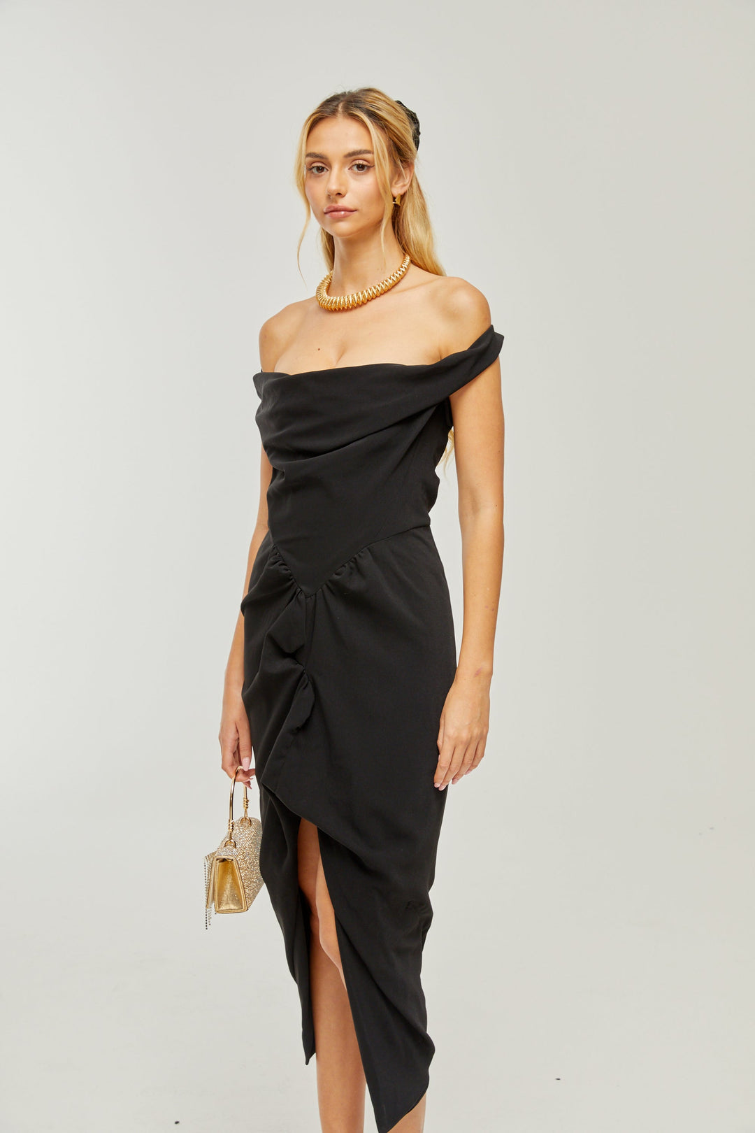Louise Asimetrik Dökümlü Midi Elbise
