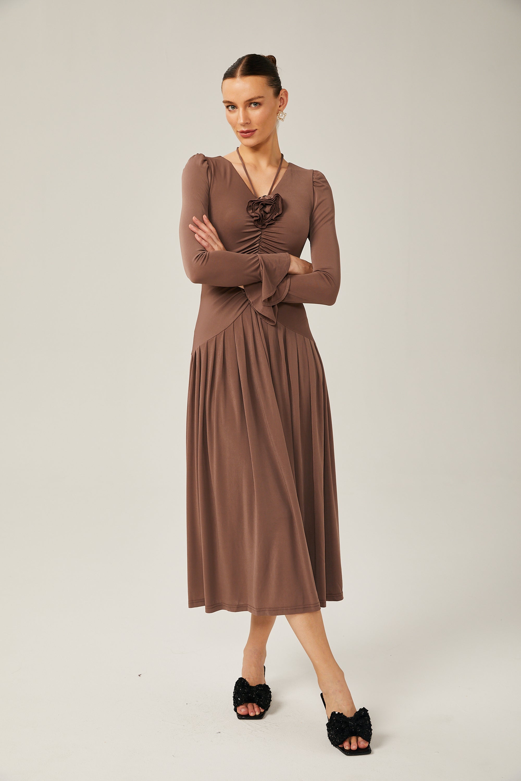 Jacqueline Kahverengi Dantelli Maxi Elbise